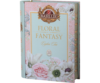 Bok puszki Basilur Floral Fantasy Book vol. III z pastelowym motywem kwiatowym.
