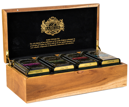 Widok boczny skrzynki Basilur Executive Gift Rare Tea z emblematem marki.