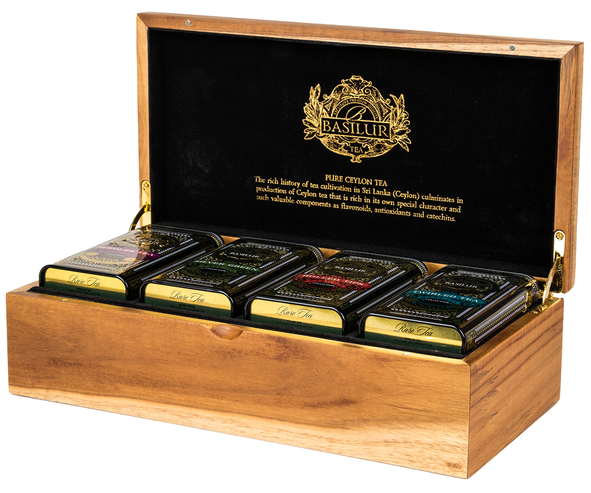Otwarta skrzynka Basilur Executive Gift Rare Tea – zestaw luksusowych herbat cejlońskich.