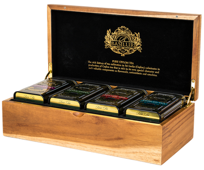 Otwarta skrzynka Basilur Executive Gift Rare Tea – zestaw luksusowych herbat cejlońskich.