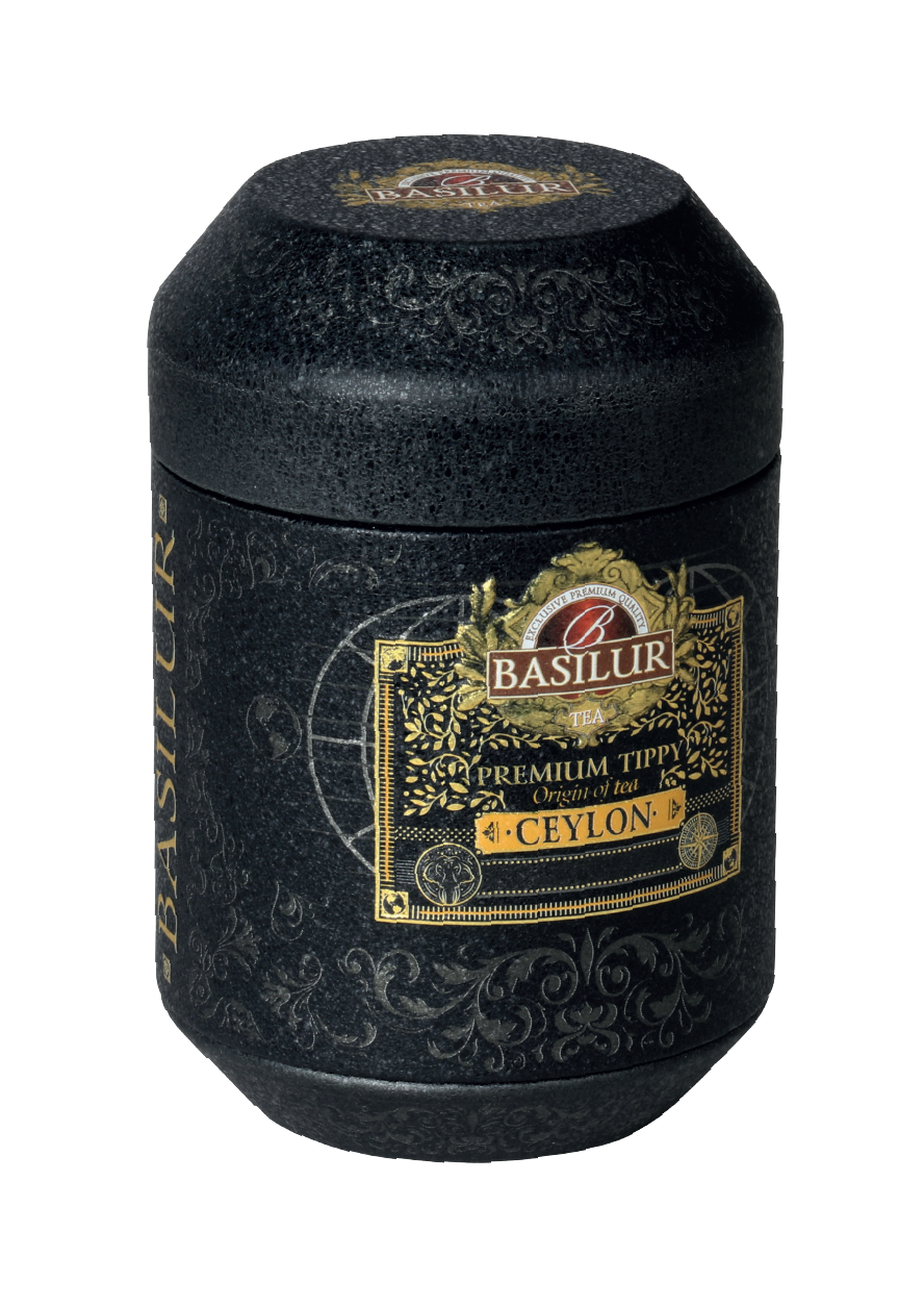 Ekskluzywna czarna herbata Basilur Premium Flowery w ozdobnej czarno-złotej puszce – cejlońska herbata liściasta 50 g.