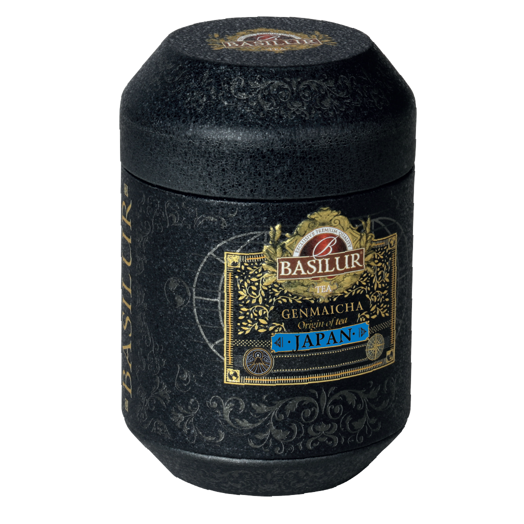 Elegancka czarna puszka Basilur Genmaicha – japońska zielona herbata z prażonym ryżem, ekskluzywne opakowanie 50 g.
