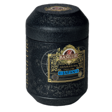 Elegancka czarna puszka Basilur Genmaicha – japońska zielona herbata z prażonym ryżem, ekskluzywne opakowanie 50 g.