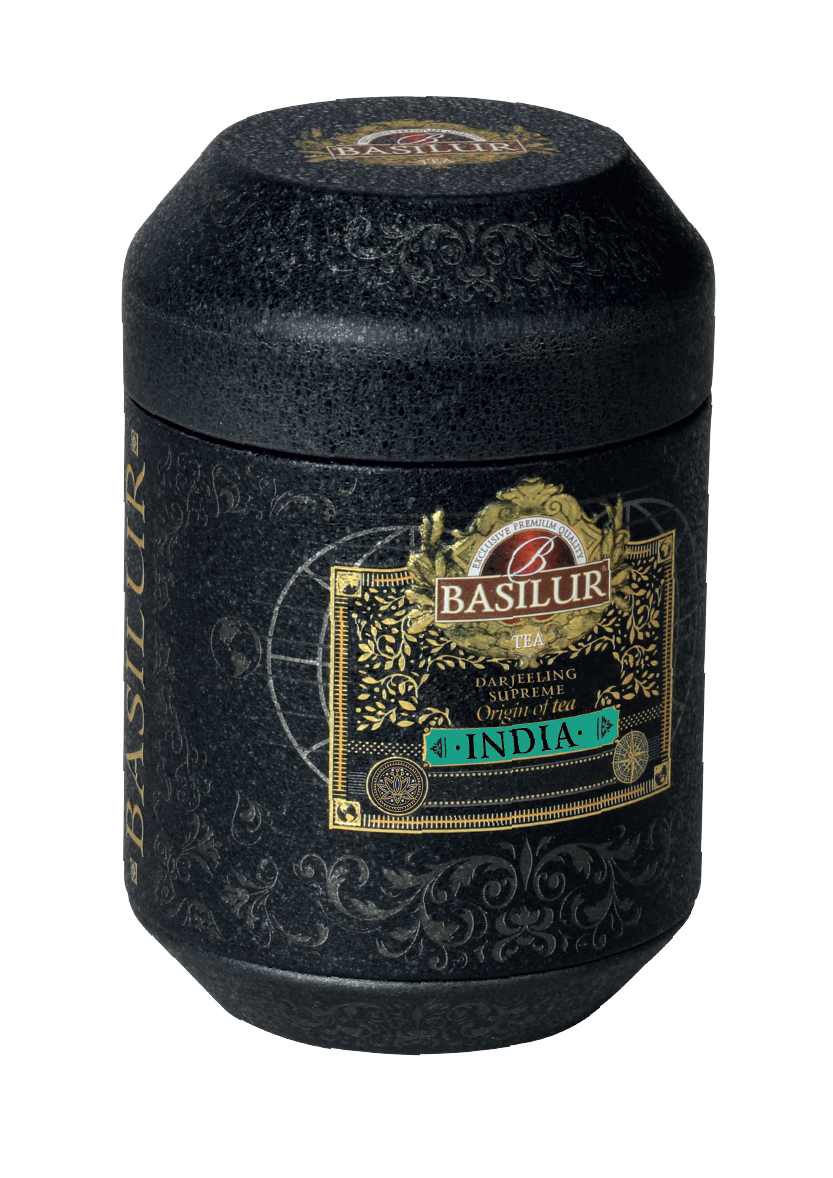 Ekskluzywna czarna herbata Basilur Darjeeling Supreme w ozdobnej czarno-złotej puszce – indyjska herbata liściasta 50 g.