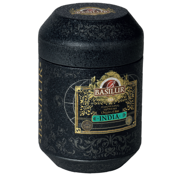 Ekskluzywna czarna herbata Basilur Darjeeling Supreme w ozdobnej czarno-złotej puszce – indyjska herbata liściasta 50 g.