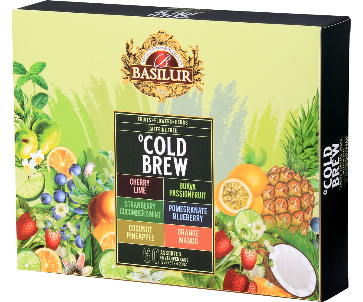 Boczne ujęcie pudełka Basilur Cold Brew z tropikalnym wzorem i logo marki.