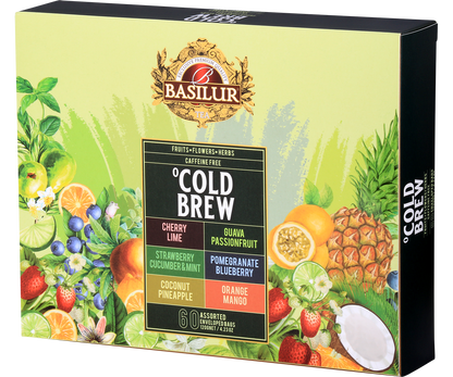 Boczne ujęcie pudełka Basilur Cold Brew z tropikalnym wzorem i logo marki.