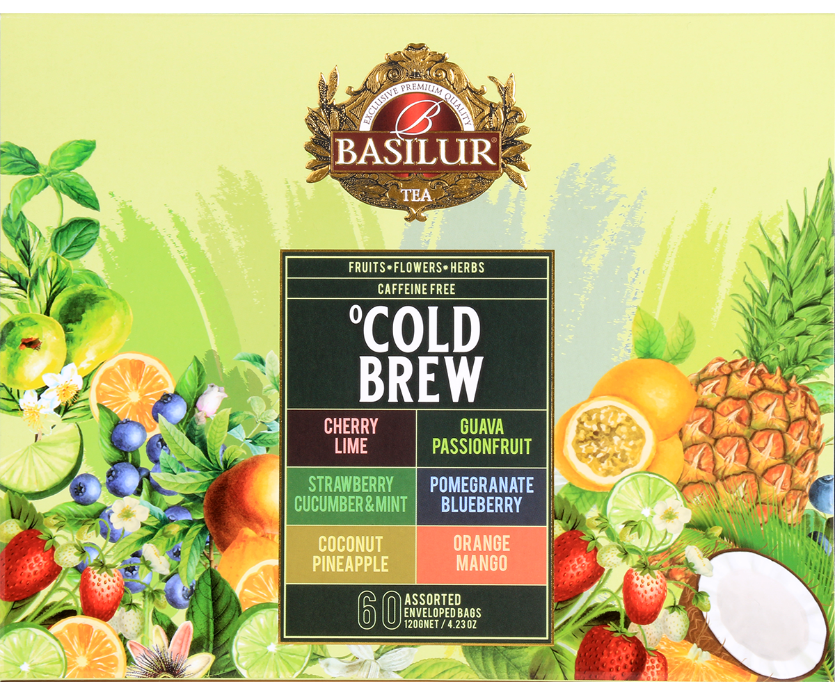 Front opakowania Basilur Cold Brew z sześcioma kompozycjami herbat do parzenia na zimno.