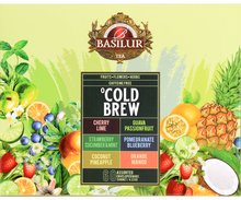Front opakowania Basilur Cold Brew z sześcioma kompozycjami herbat do parzenia na zimno.