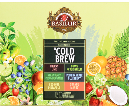 Front opakowania Basilur Cold Brew z sześcioma kompozycjami herbat do parzenia na zimno.