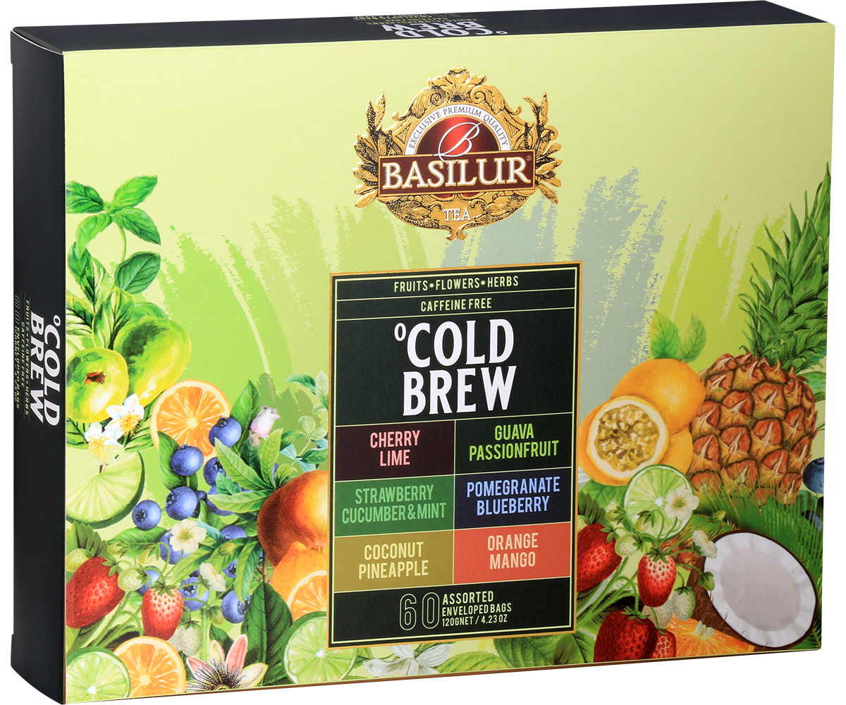 Pudełko herbat Basilur Cold Brew z owocowymi ilustracjami i opisem smaków.