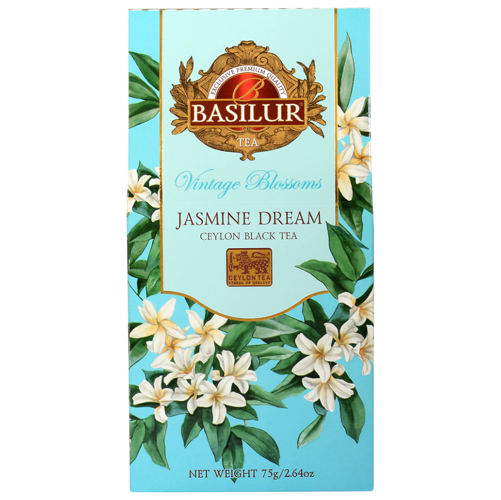 Herbata Basilur Jasmine Dream Ceylon Black Tea 75 g, turkusowe pudełko z białymi kwiatami jaśminu.