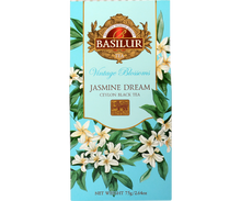 Herbata Basilur Jasmine Dream Ceylon Black Tea 75 g, turkusowe pudełko z białymi kwiatami jaśminu.