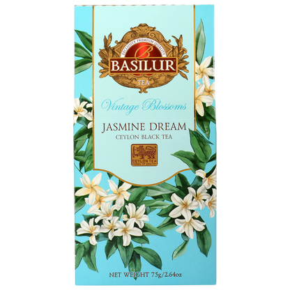 Herbata Basilur Jasmine Dream Ceylon Black Tea 75 g, turkusowe pudełko z białymi kwiatami jaśminu.