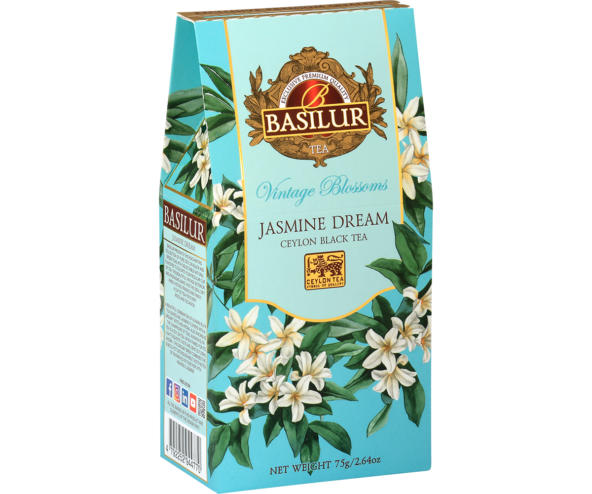 Herbata Basilur Jasmine Dream Ceylon Black Tea, turkusowe pudełko z kwiatami jaśminu, widok z tyłu.