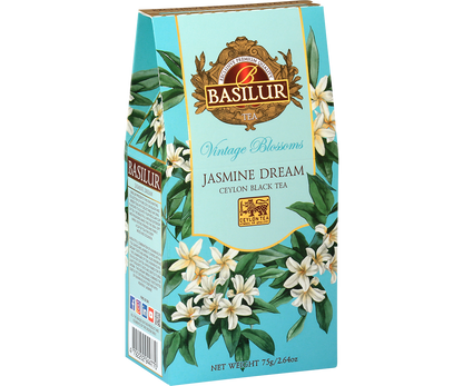Herbata Basilur Jasmine Dream Ceylon Black Tea, turkusowe pudełko z kwiatami jaśminu, widok z tyłu.