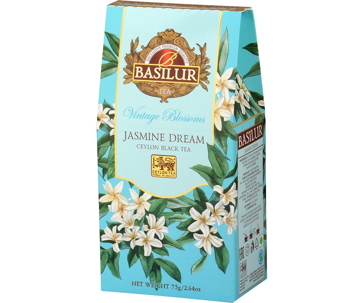 Herbata Basilur Jasmine Dream 75 g, turkusowe pudełko z motywem jaśminu, widok z boku.