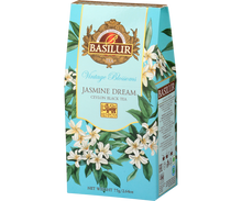 Herbata Basilur Jasmine Dream 75 g, turkusowe pudełko z motywem jaśminu, widok z boku.