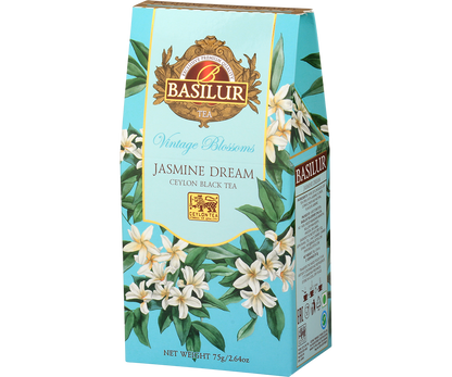 Herbata Basilur Jasmine Dream 75 g, turkusowe pudełko z motywem jaśminu, widok z boku.