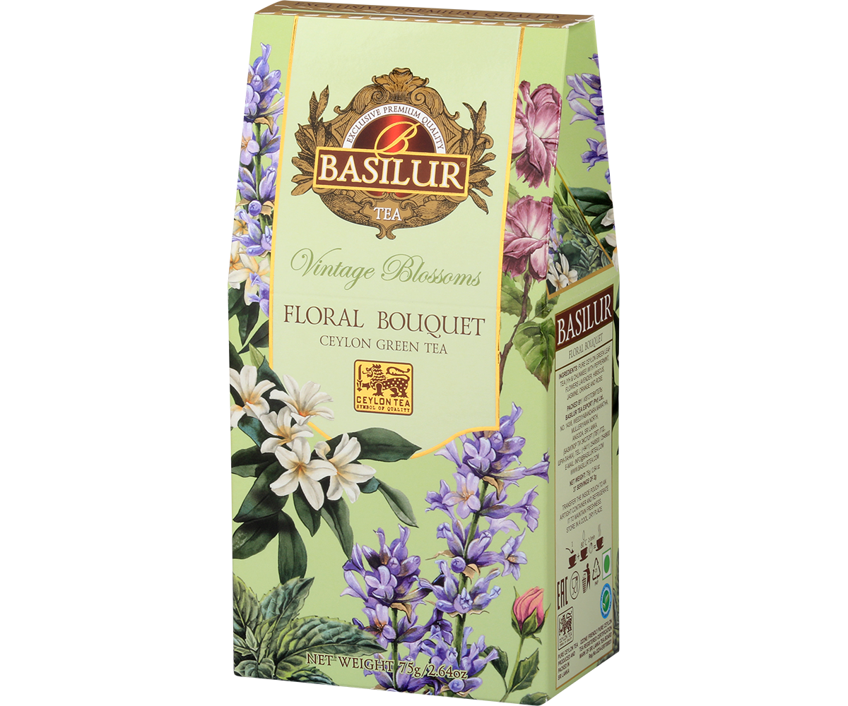 Bok opakowania Basilur Jasmine Dream z informacjami o składzie herbaty i logo Basilur.