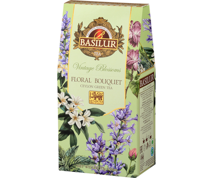 Herbata Basilur Floral Bouquet z kolekcji Vintage Blossoms w jasnozielonym opakowaniu z motywem kwiatów.