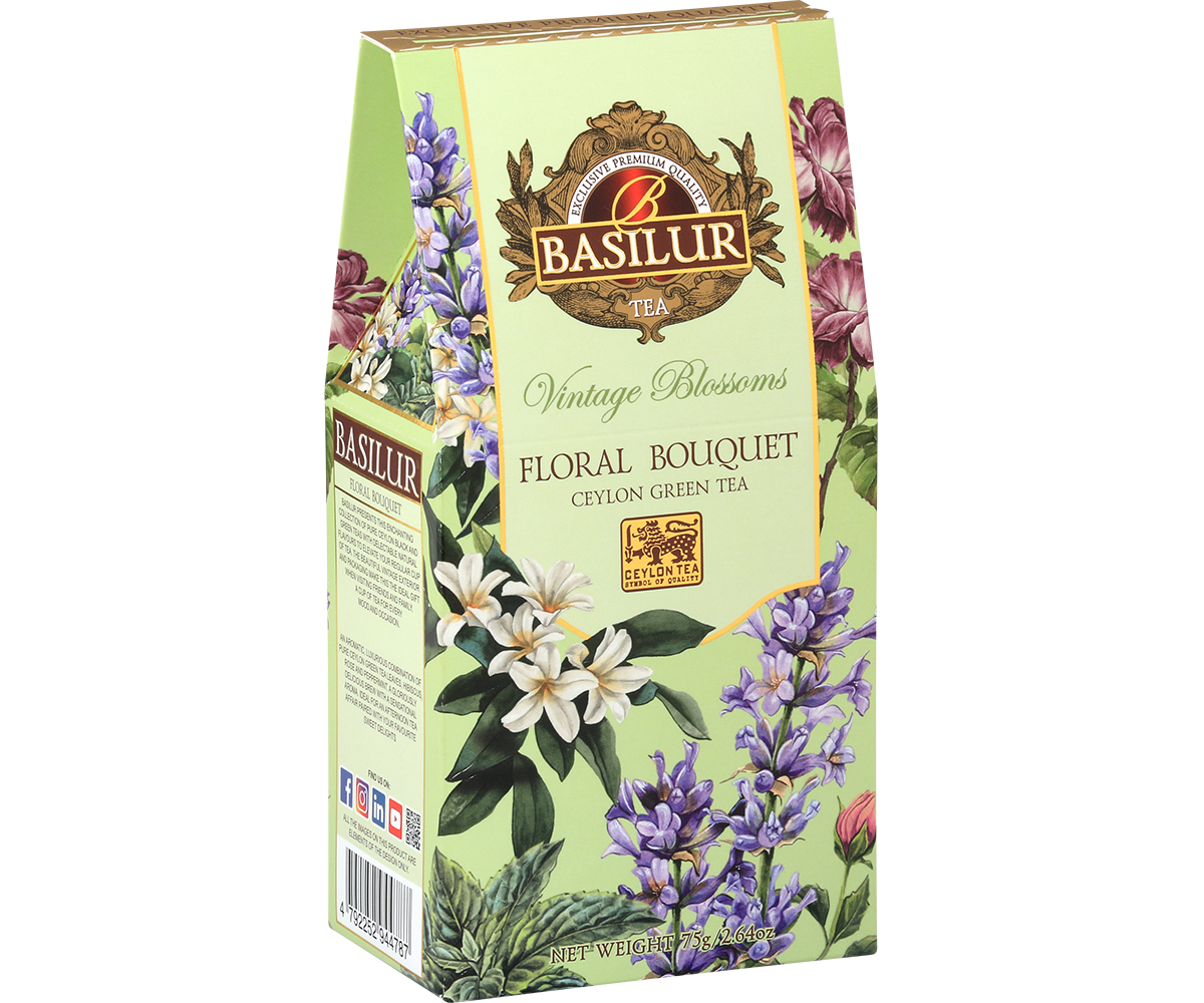 Bok opakowania Basilur Floral Bouquet z opisem składu i ilustracjami kwiatów.