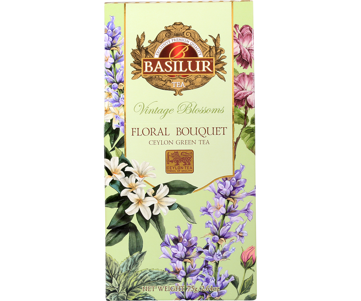 Opakowanie Basilur Floral Bouquet – zielona herbata cejlońska o kwiatowym aromacie jaśminu i lawendy.