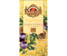 Herbata Basilur Passion Tropica z kolekcji Vintage Blossoms w żółtym opakowaniu z motywem marakui i kwiatów.