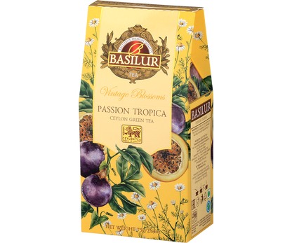 Opakowanie Basilur Passion Tropica – zielona herbata cejlońska o tropikalnym aromacie marakui.