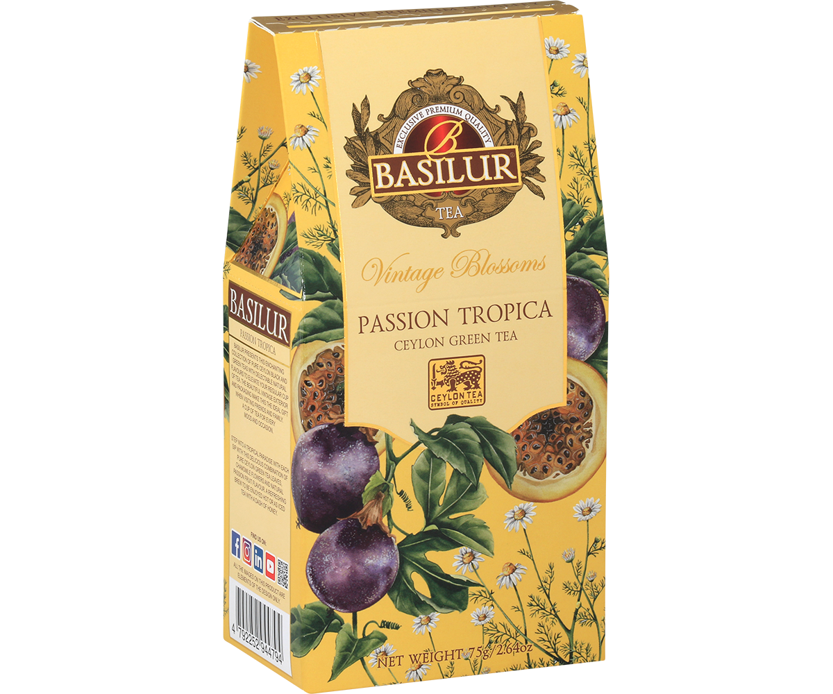 Bok opakowania Basilur Passion Tropica z opisem składu i ilustracjami owoców marakui oraz kwiatów.