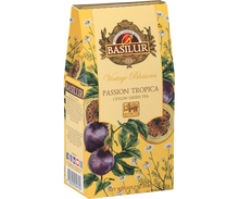 Bok opakowania Basilur Passion Tropica z opisem składu i ilustracjami owoców marakui oraz kwiatów.