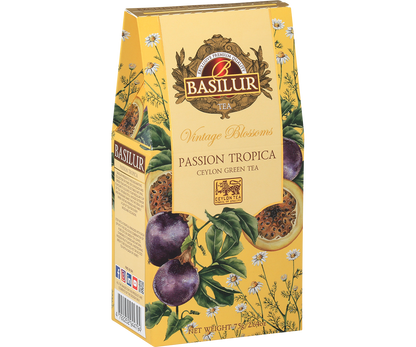Bok opakowania Basilur Passion Tropica z opisem składu i ilustracjami owoców marakui oraz kwiatów.