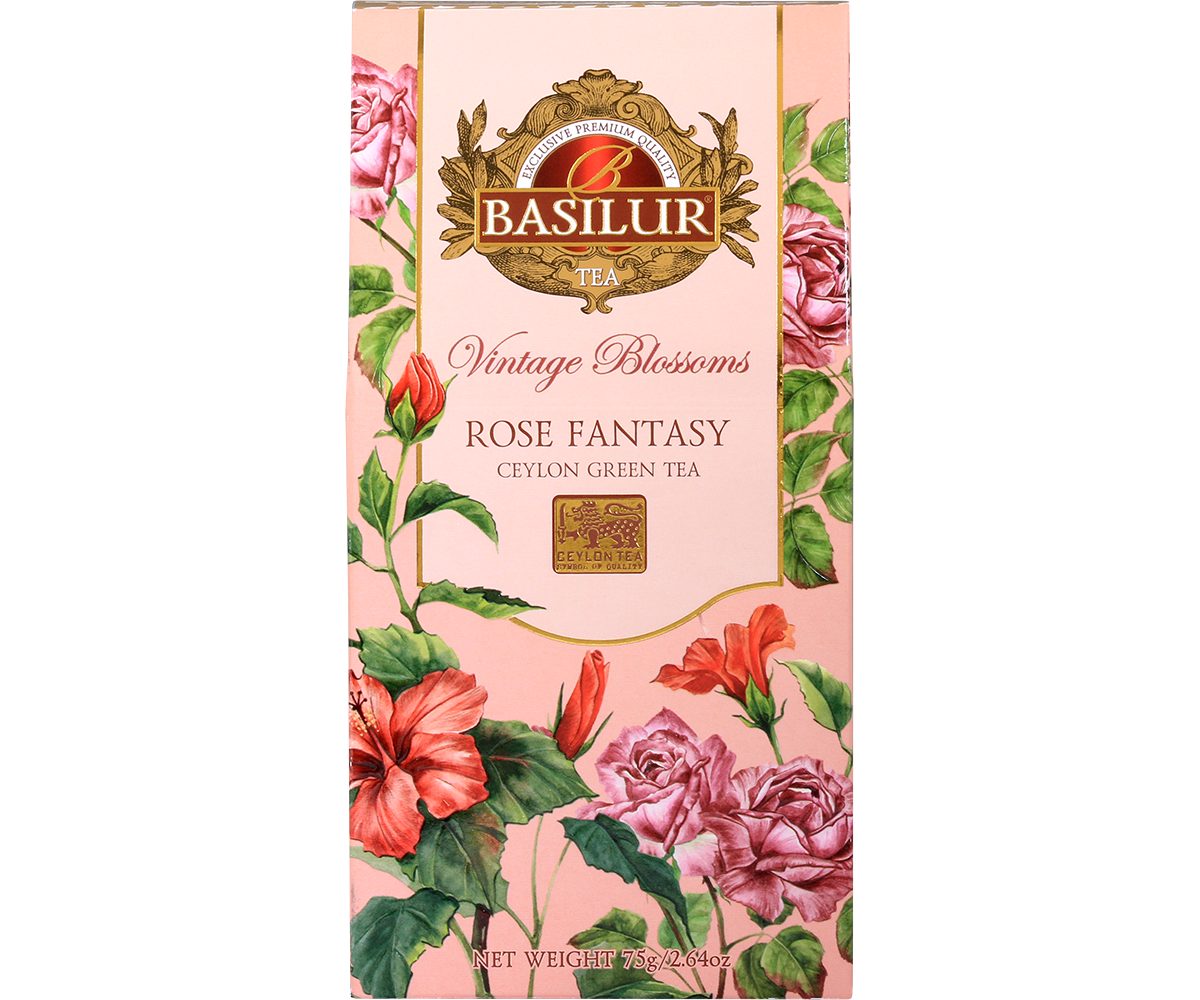 Herbata Basilur Rose Fantasy z kolekcji Vintage Blossoms w różowym opakowaniu z motywem kwiatów róż.
