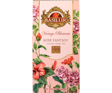Herbata Basilur Rose Fantasy z kolekcji Vintage Blossoms w różowym opakowaniu z motywem kwiatów róż.