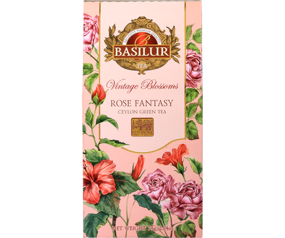 Herbata Basilur Rose Fantasy z kolekcji Vintage Blossoms w różowym opakowaniu z motywem kwiatów róż.