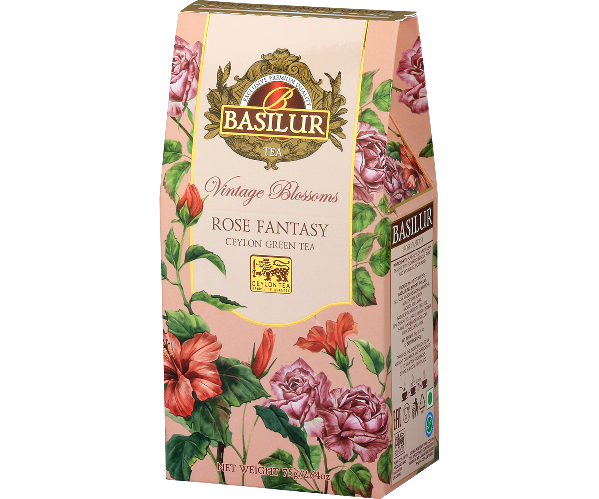 Opakowanie Basilur Rose Fantasy – zielona herbata cejlońska z dodatkiem płatków róży.