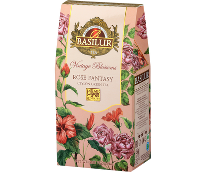 Opakowanie Basilur Rose Fantasy – zielona herbata cejlońska z dodatkiem płatków róży.