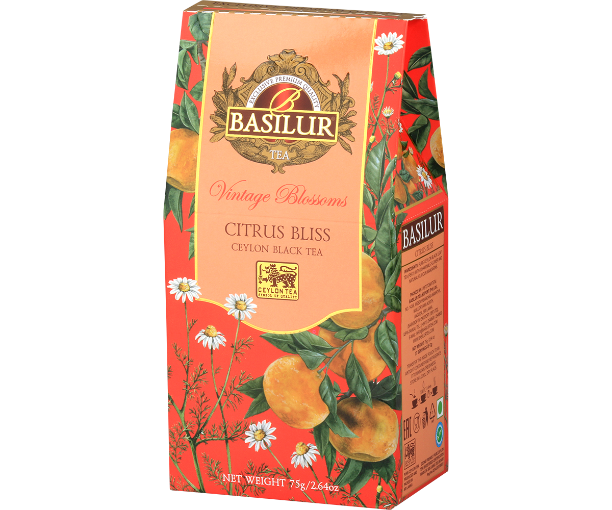 Opakowanie Basilur Citrus Bliss – czarna herbata cejlońska z nutą cytrusów i kwiatów.
