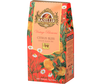 Opakowanie Basilur Citrus Bliss – czarna herbata cejlońska z nutą cytrusów i kwiatów.