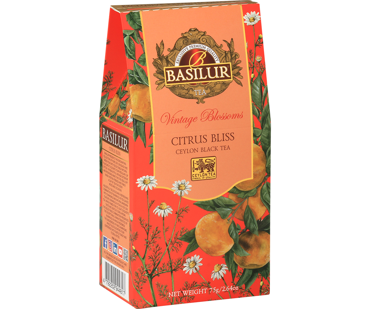 Bok opakowania Basilur Citrus Bliss z opisem składu i ilustracjami pomarańczy oraz kwiatów.