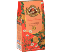 Bok opakowania Basilur Citrus Bliss z opisem składu i ilustracjami pomarańczy oraz kwiatów.