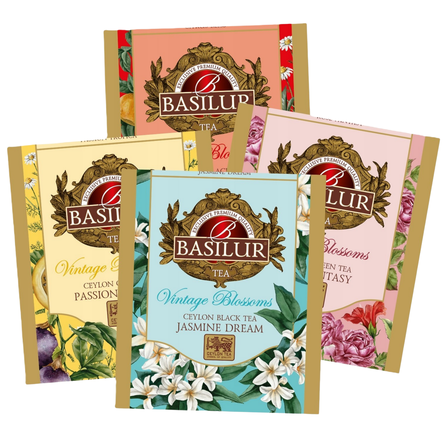 Zestaw herbat Basilur Vintage Blossoms w kolorowych kopertach z motywami kwiatów jaśminu, róży i owoców