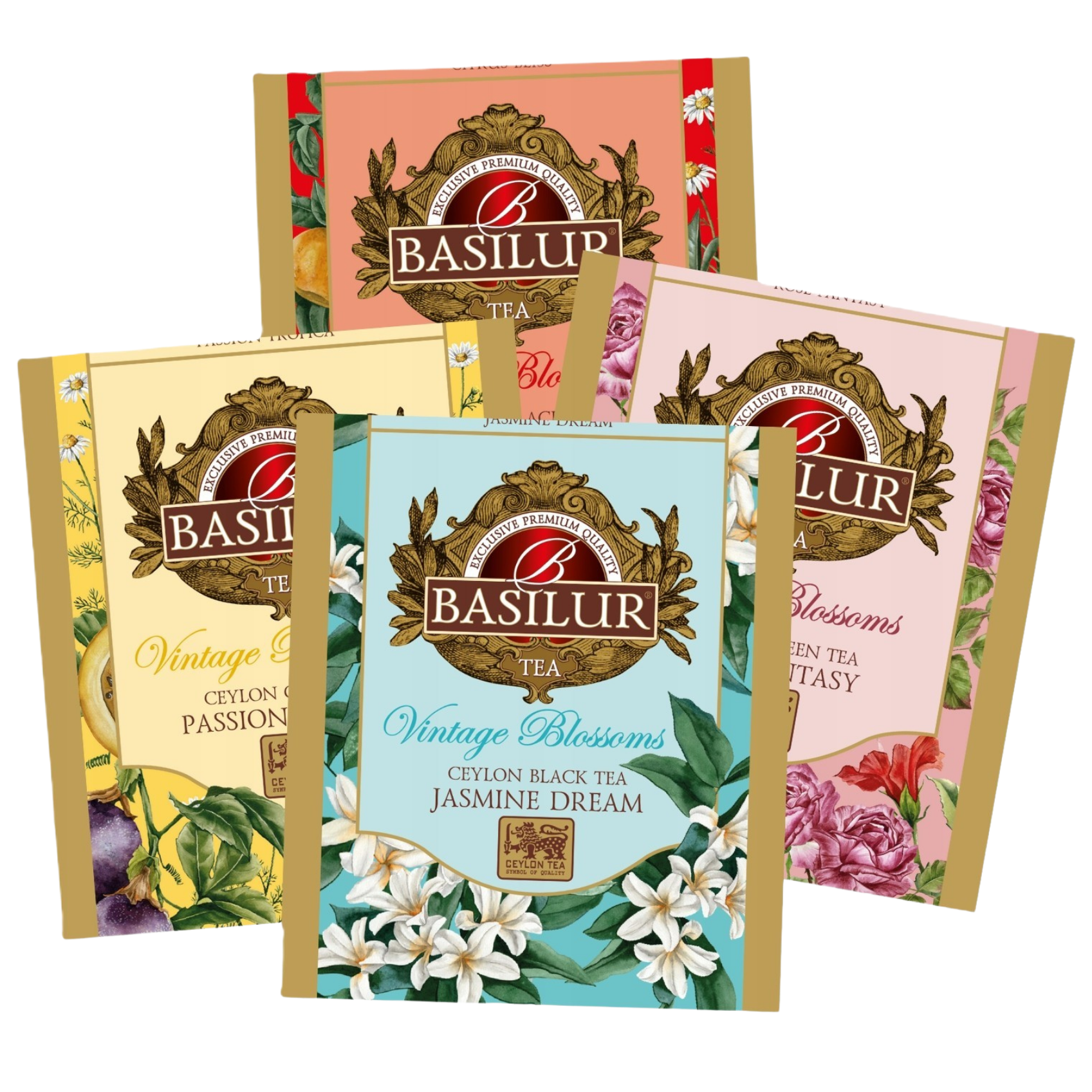 Zestaw herbat Basilur Vintage Blossoms w kolorowych kopertach z motywami kwiatów jaśminu, róży i owoców