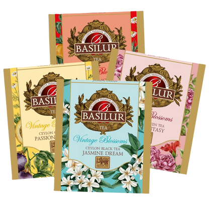 Zestaw herbat Basilur Vintage Blossoms w kolorowych kopertach z motywami kwiatów jaśminu, róży i owoców