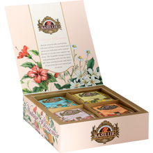 Otwarte pudełko Basilur Vintage Blossoms prezentujące cztery rodzaje herbat.