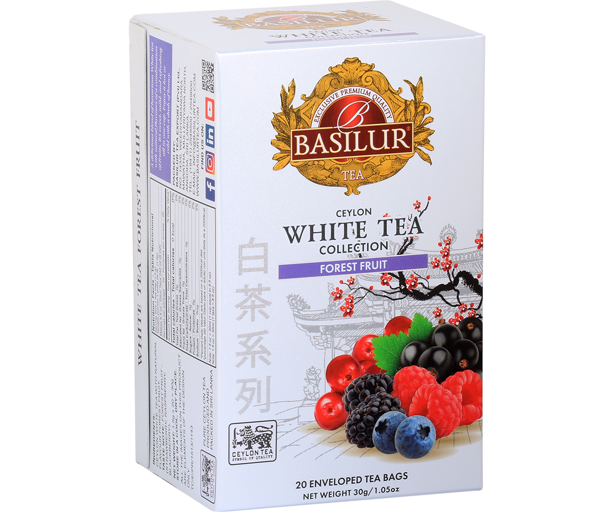 Opakowanie herbaty Basilur Forest Fruit 20 x 1,5 g – biała herbata w kopertach z owocami leśnymi.