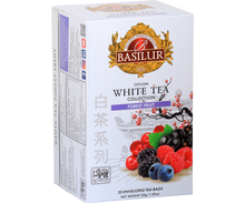 Opakowanie herbaty Basilur Forest Fruit 20 x 1,5 g – biała herbata w kopertach z owocami leśnymi.