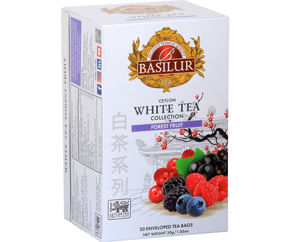 Opakowanie herbaty Basilur Forest Fruit 20 x 1,5 g – biała herbata w kopertach z owocami leśnymi.