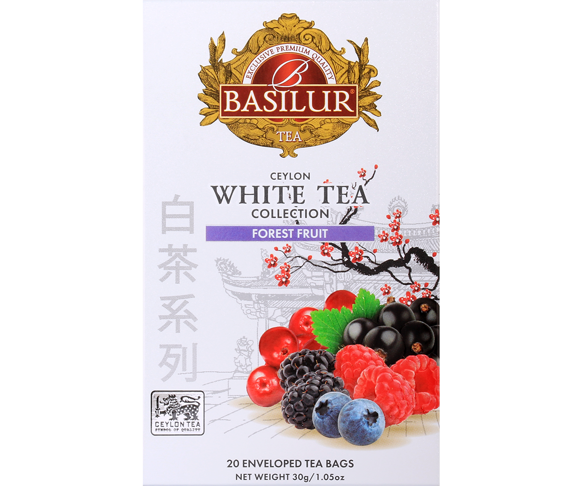 Front pudełka Basilur Forest Fruit – elegancka biała herbata o aromacie owoców leśnych.
