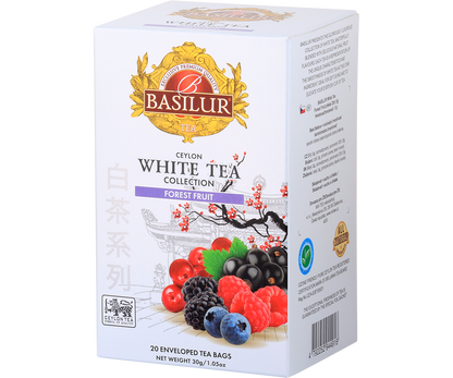 Bok opakowania Basilur Forest Fruit – opis i skład białej herbaty premium z owocami leśnymi.